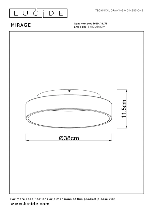 Lucide MIRAGE - Flush ceiling light - Ø 38 cm - LED Dim. - 1x22W 2700K - White - technical